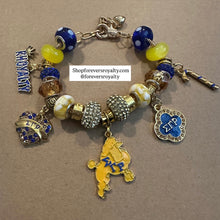 Load image into Gallery viewer, Gold Sigma Gamma Rho charm bracelet.
