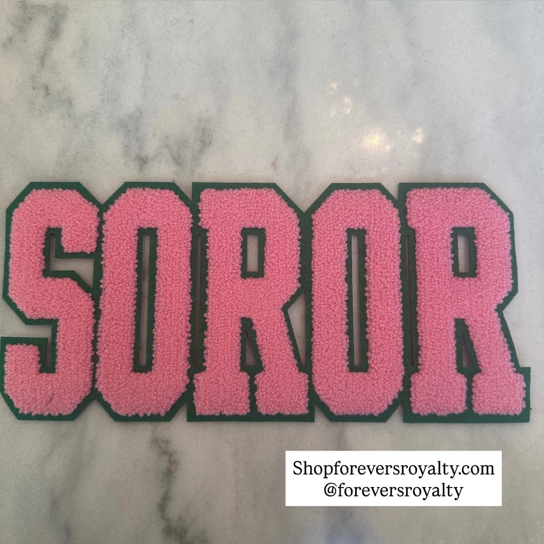Pink SOROR chenille patch.