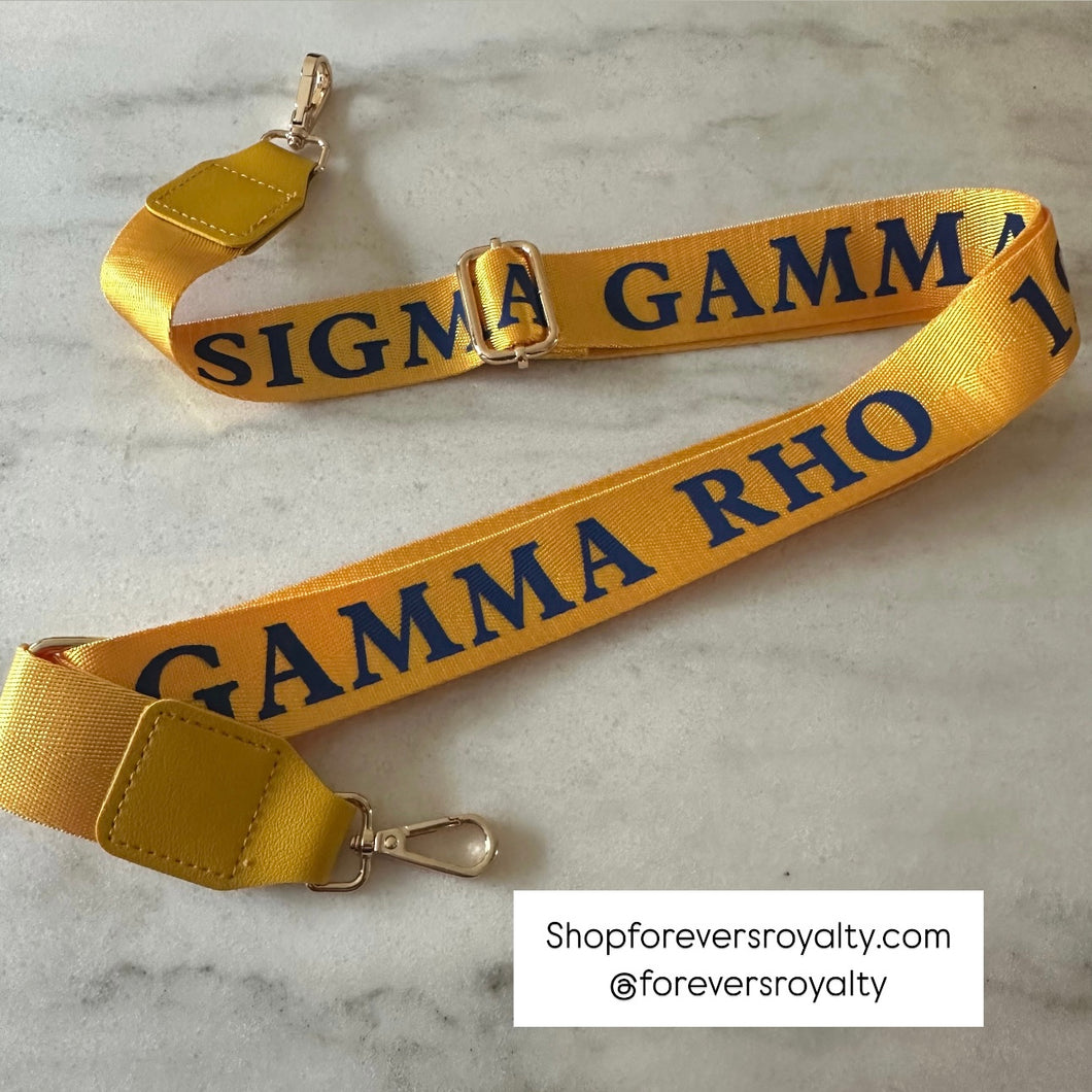 Sigma Gamma Rho bag strap.