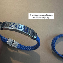 Load image into Gallery viewer, Blue Zeta Phi Beta leather bracelet.
