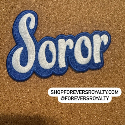 Blue and white Soror patch.