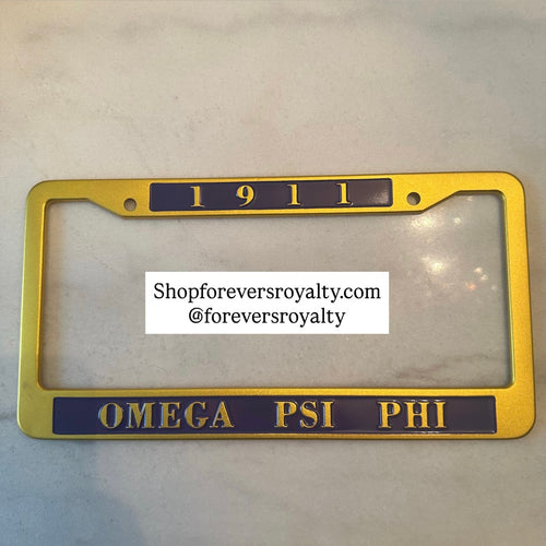 Gold Omega Psi Phi license plate frame