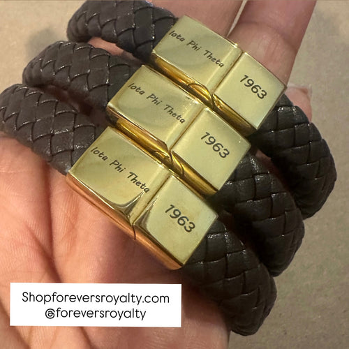Brown Leather Iota Phi Theta bracelet.