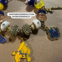 Load image into Gallery viewer, Gold Sigma Gamma Rho charm bracelet.